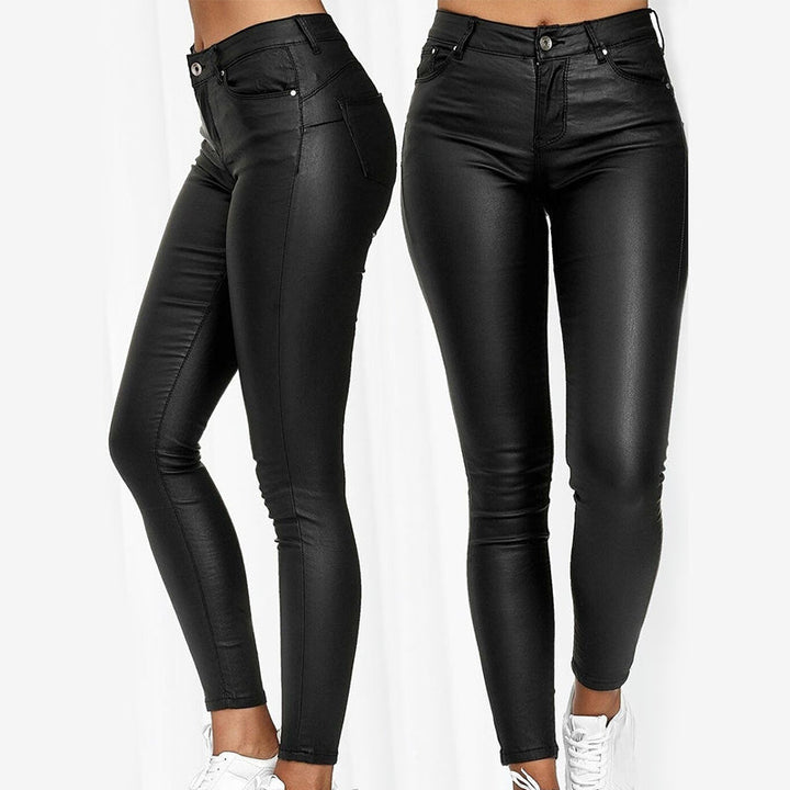 Jeltje | Women's High-Waist Stretch Leather Pants with Figure-Shaping Fit-Metro Lane Plaza