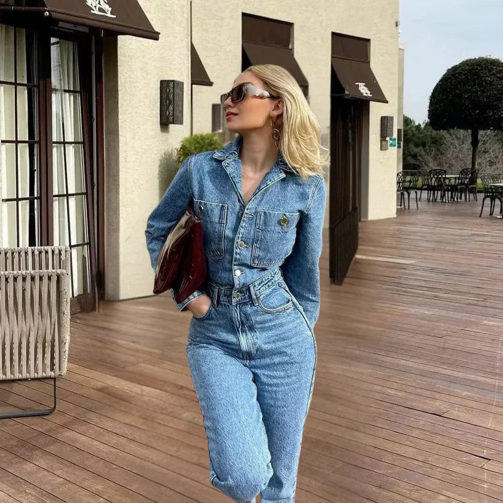 Odalia Denim Jumpsuit | Women's Straight Fit Comfortable Stretch Jumpsuit-Metro Lane Plaza