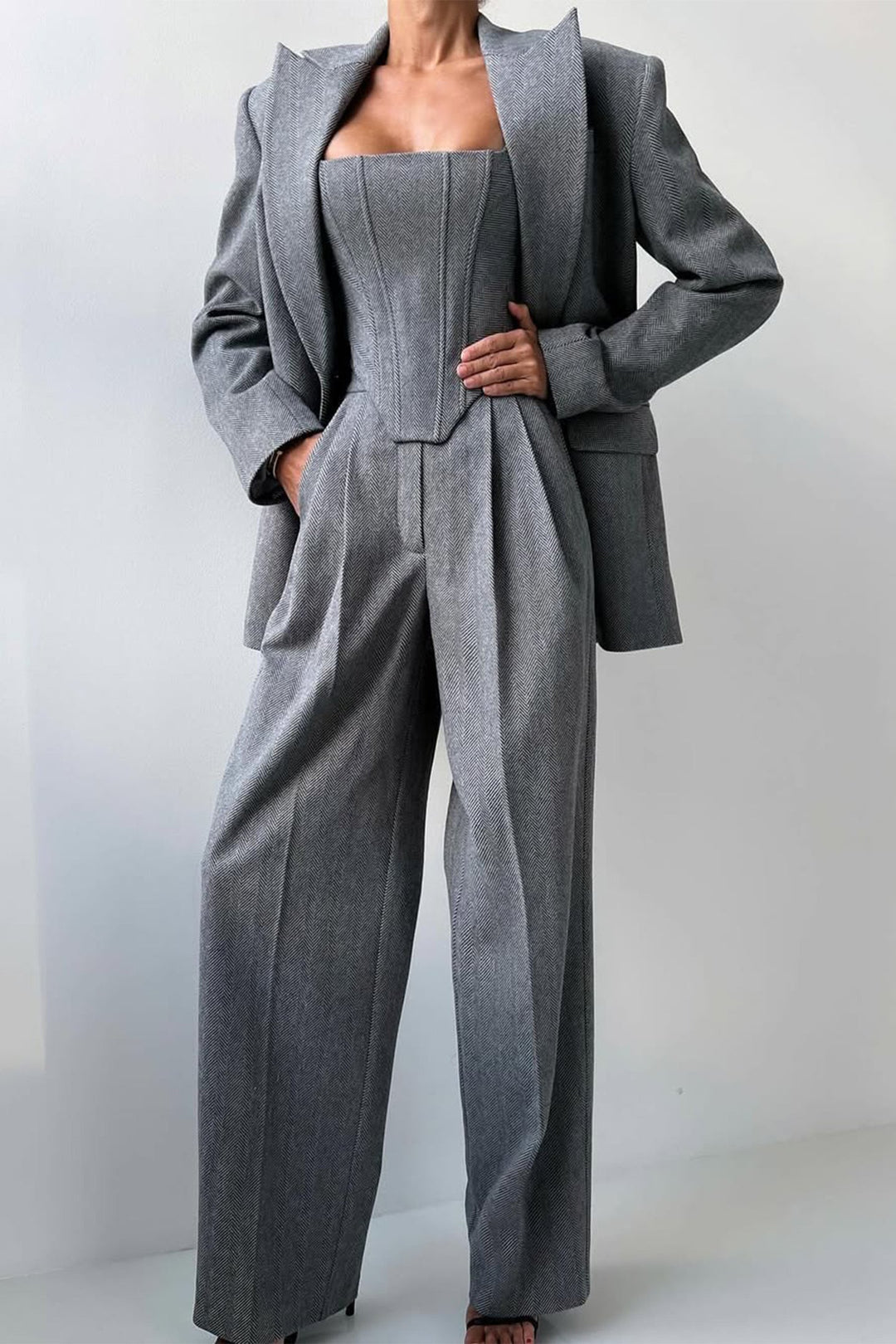 Emma | Women's Elegant Herringbone Three-Piece Suit Set-Metro Lane Plaza