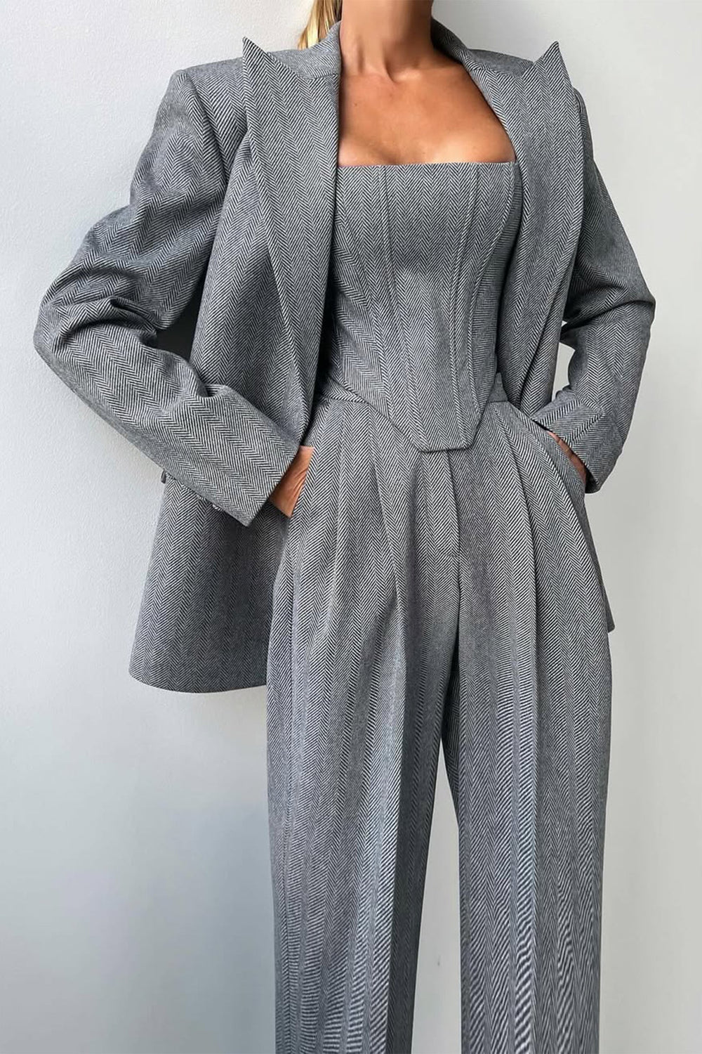 Emma | Women's Elegant Herringbone Three-Piece Suit Set-Metro Lane Plaza