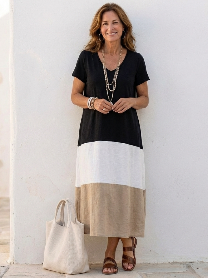 Victoria | Women's Modern Color Block V-Neck Midi Dress-Metro Lane Plaza