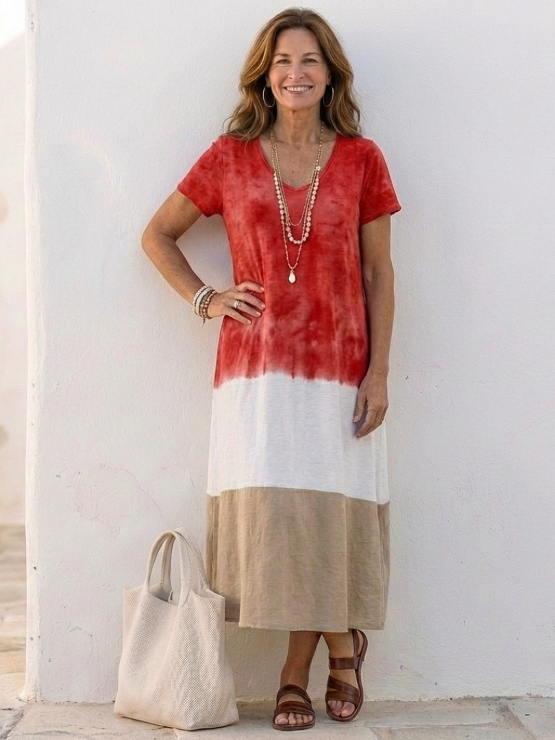 Victoria | Women's Modern Color Block V-Neck Midi Dress-Metro Lane Plaza