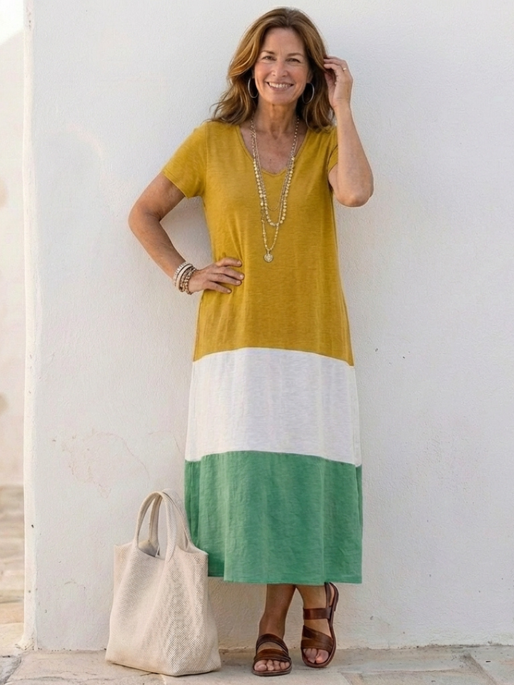 Victoria | Women's Modern Color Block V-Neck Midi Dress-Metro Lane Plaza