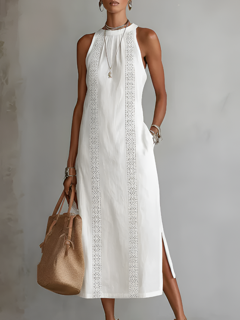 Lyra | Women's Sophisticated Cotton-Linen Midi Dress-Metro Lane Plaza
