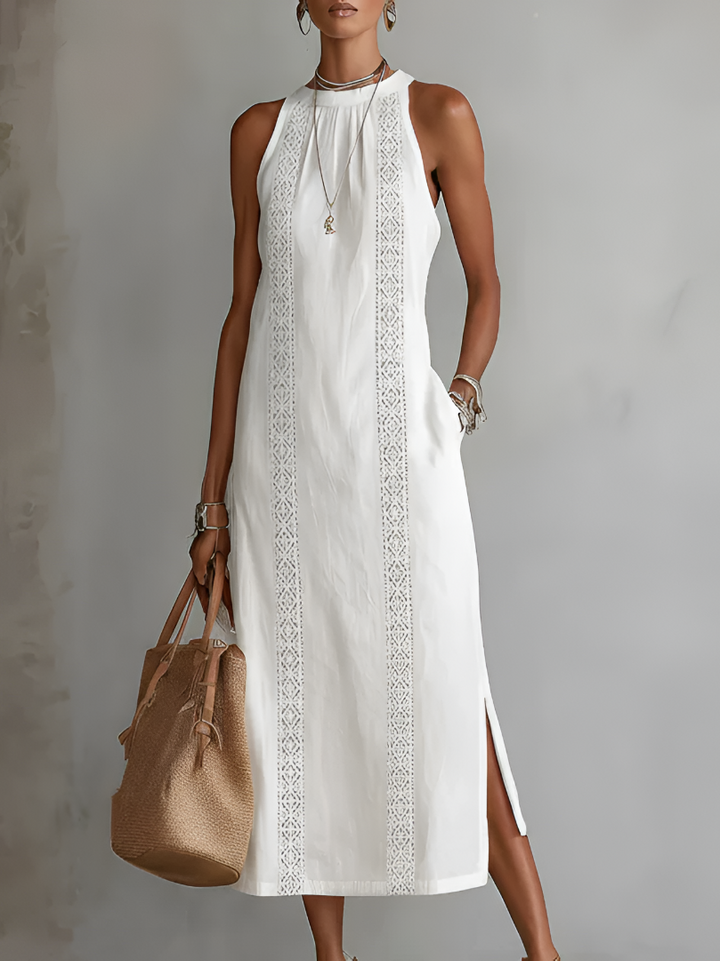 Lyra | Women's Sophisticated Cotton-Linen Midi Dress-Metro Lane Plaza