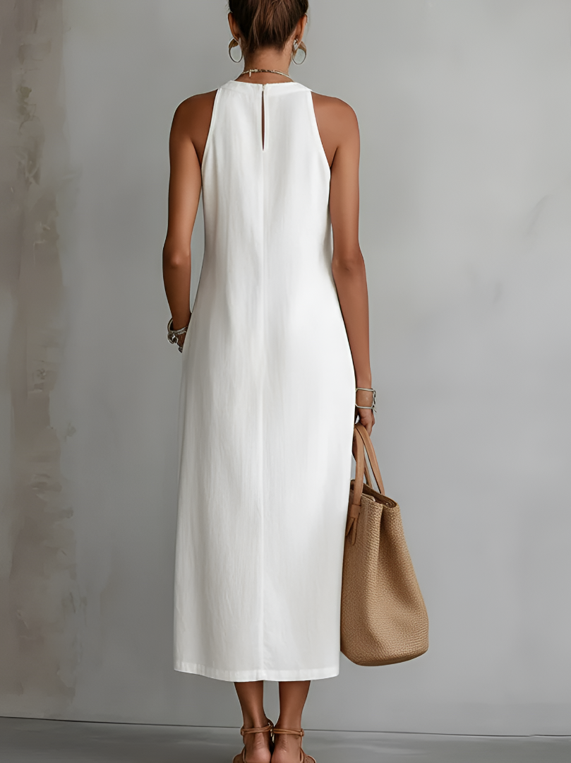 Lyra | Women's Sophisticated Cotton-Linen Midi Dress-Metro Lane Plaza