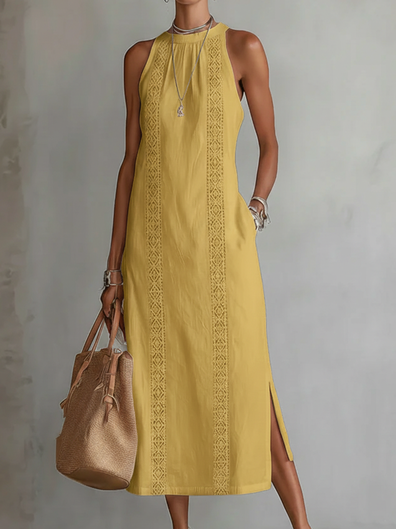 Lyra | Women's Sophisticated Cotton-Linen Midi Dress-Metro Lane Plaza