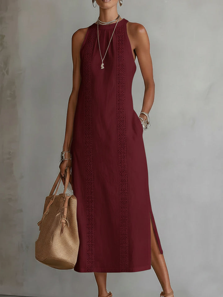 Lyra | Women's Sophisticated Cotton-Linen Midi Dress-Metro Lane Plaza