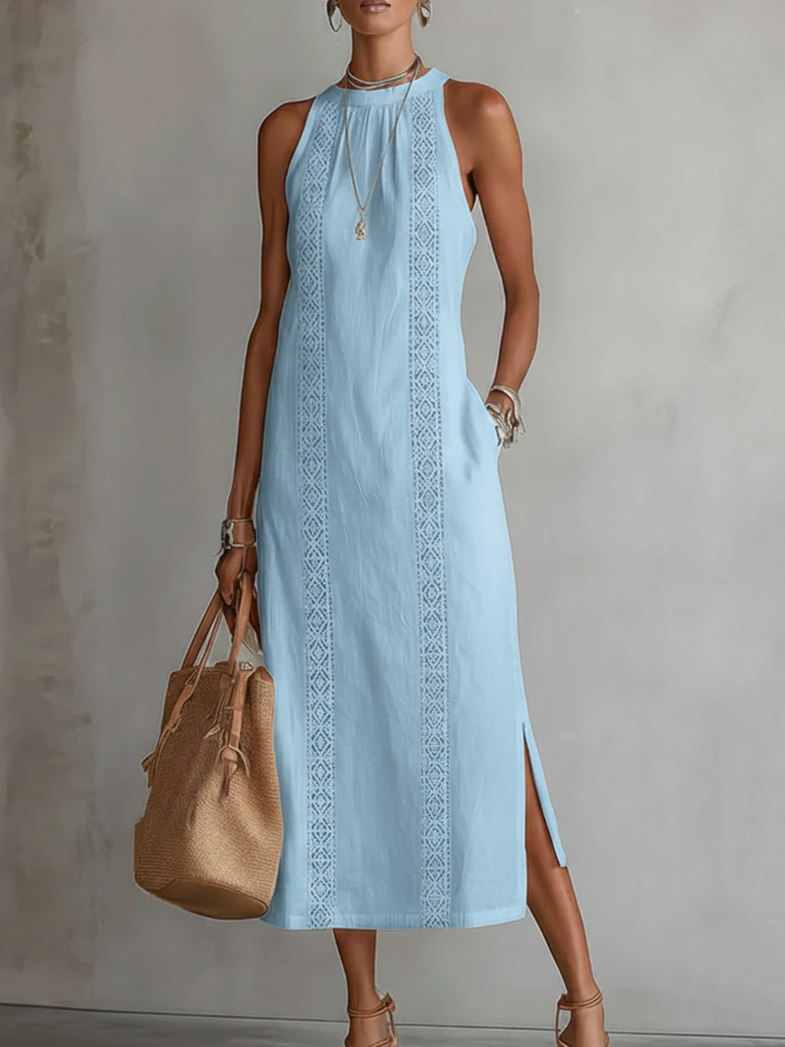 Lyra | Women's Sophisticated Cotton-Linen Midi Dress-Metro Lane Plaza