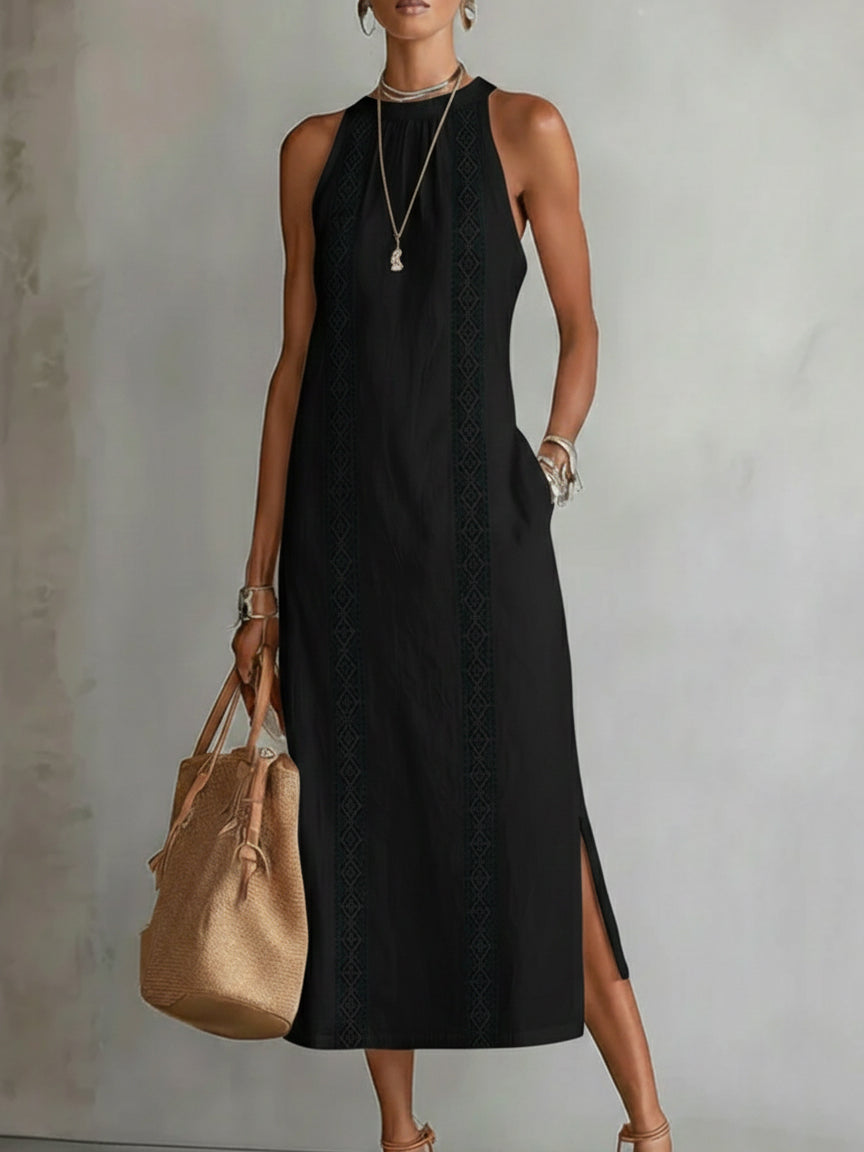 Lyra | Women's Sophisticated Cotton-Linen Midi Dress-Metro Lane Plaza