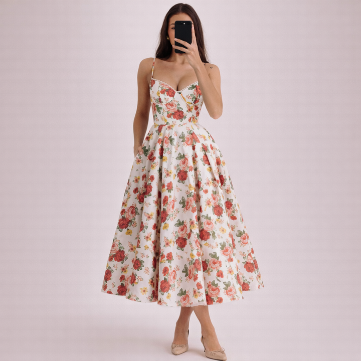Isabella | Women's Elegant Corset Midi Dress-Metro Lane Plaza