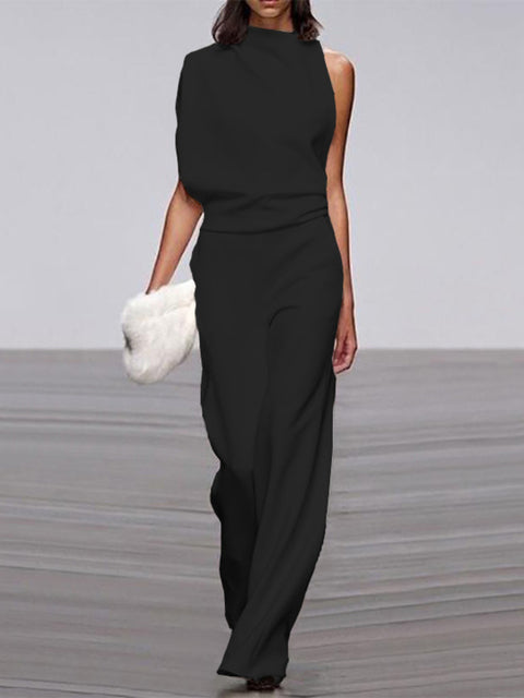 Elegant, ermeløs jumpsuit for kvinner med drapert overdel og vide ben