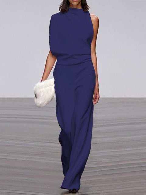 Elegant, ermeløs jumpsuit for kvinner med drapert overdel og vide ben