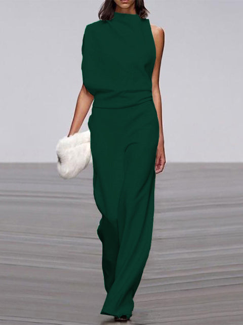 Elegant, ermeløs jumpsuit for kvinner med drapert overdel og vide ben
