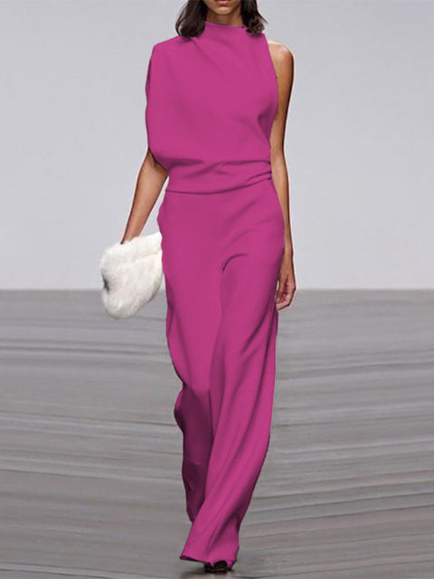 Elegante mouwloze damesjumpsuit met drapering en wijde pijpen