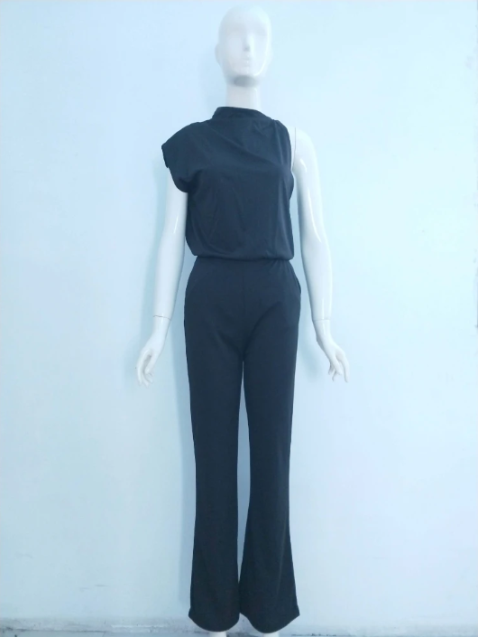Elegante mouwloze damesjumpsuit met drapering en wijde pijpen