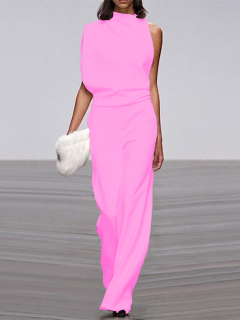 Elegant, ermeløs jumpsuit for kvinner med drapert overdel og vide ben