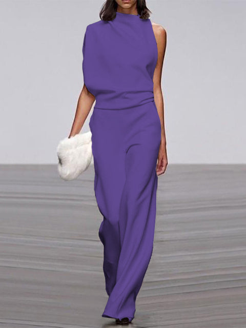 Elegante mouwloze damesjumpsuit met drapering en wijde pijpen