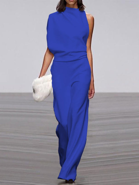 Elegante mouwloze damesjumpsuit met drapering en wijde pijpen