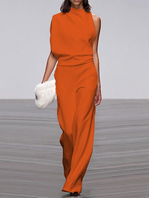 Elegante mouwloze damesjumpsuit met drapering en wijde pijpen