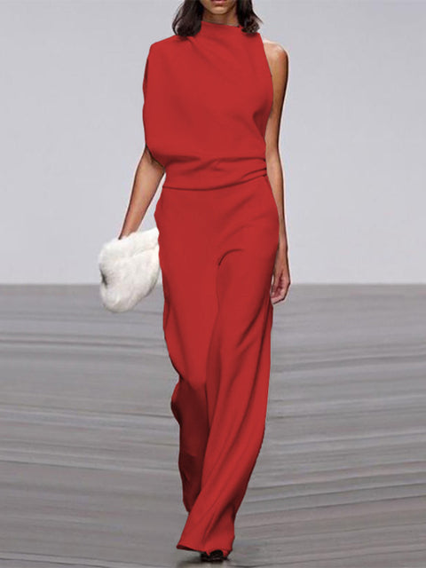 Elegant, ermeløs jumpsuit for kvinner med drapert overdel og vide ben