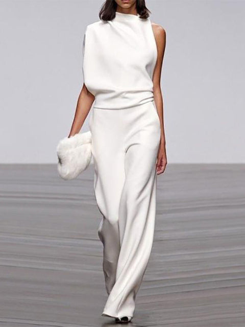 Elegante mouwloze damesjumpsuit met drapering en wijde pijpen