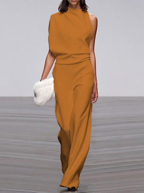 Elegant, ermeløs jumpsuit for kvinner med drapert overdel og vide ben