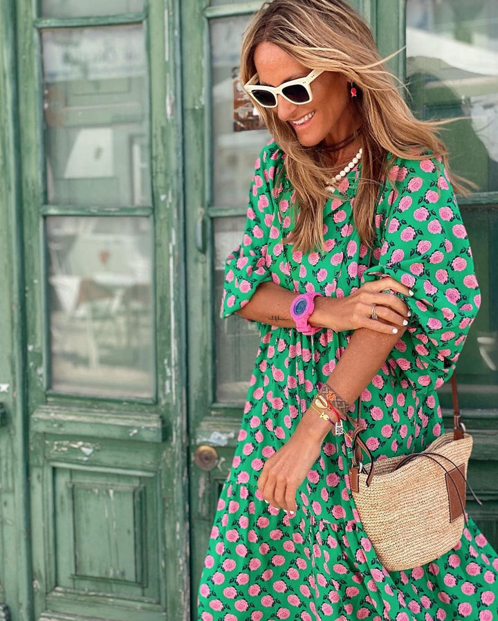 Women's Geometric Print Maxi Dress in Loose Boho Style-Metro Lane Plaza