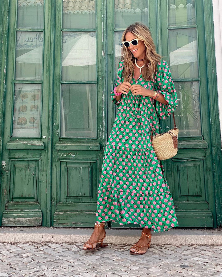 Women's Geometric Print Maxi Dress in Loose Boho Style-Metro Lane Plaza
