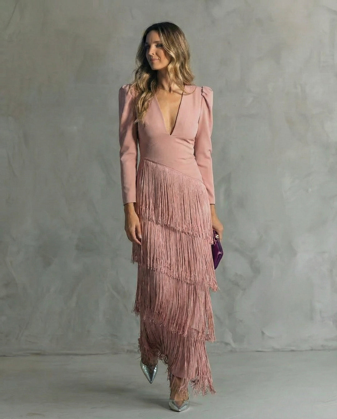 Karla | Women's Elegant V-Neck Tiered Fringe Maxi Dress-Metro Lane Plaza