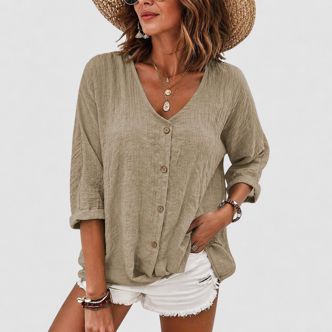 Kelly | Women's Timeless V-Neck Breathable Linen Blouse-Metro Lane Plaza