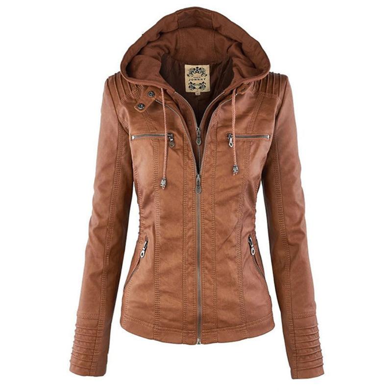 Giacca da donna in ecopelle con cappuccio