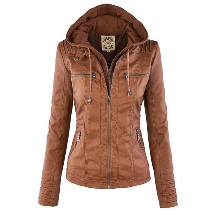 Giacca da donna in ecopelle con cappuccio