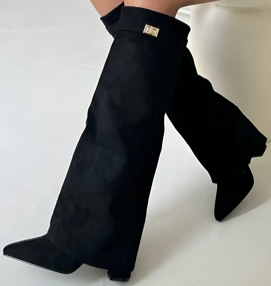 Women's Block Heel Boots with Elegant Fit and Buckle in Suede or Leather-Metro Lane Plaza