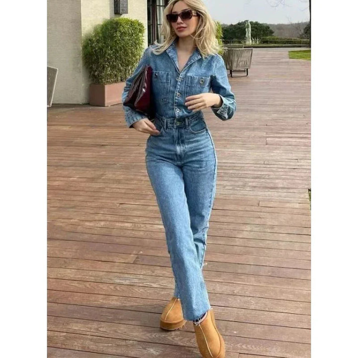 Odalia Denim Jumpsuit | Women's Straight Fit Comfortable Stretch Jumpsuit-Metro Lane Plaza