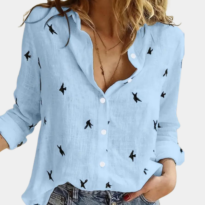 Louise | Women's Blouse with Swallow Print Design-Metro Lane Plaza