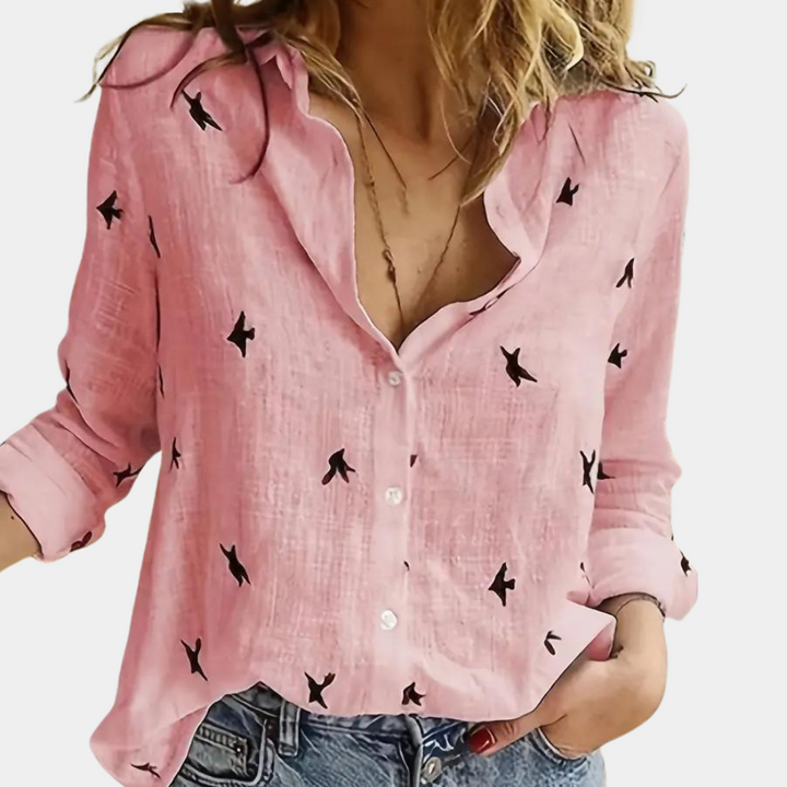 Louise | Women's Blouse with Swallow Print Design-Metro Lane Plaza