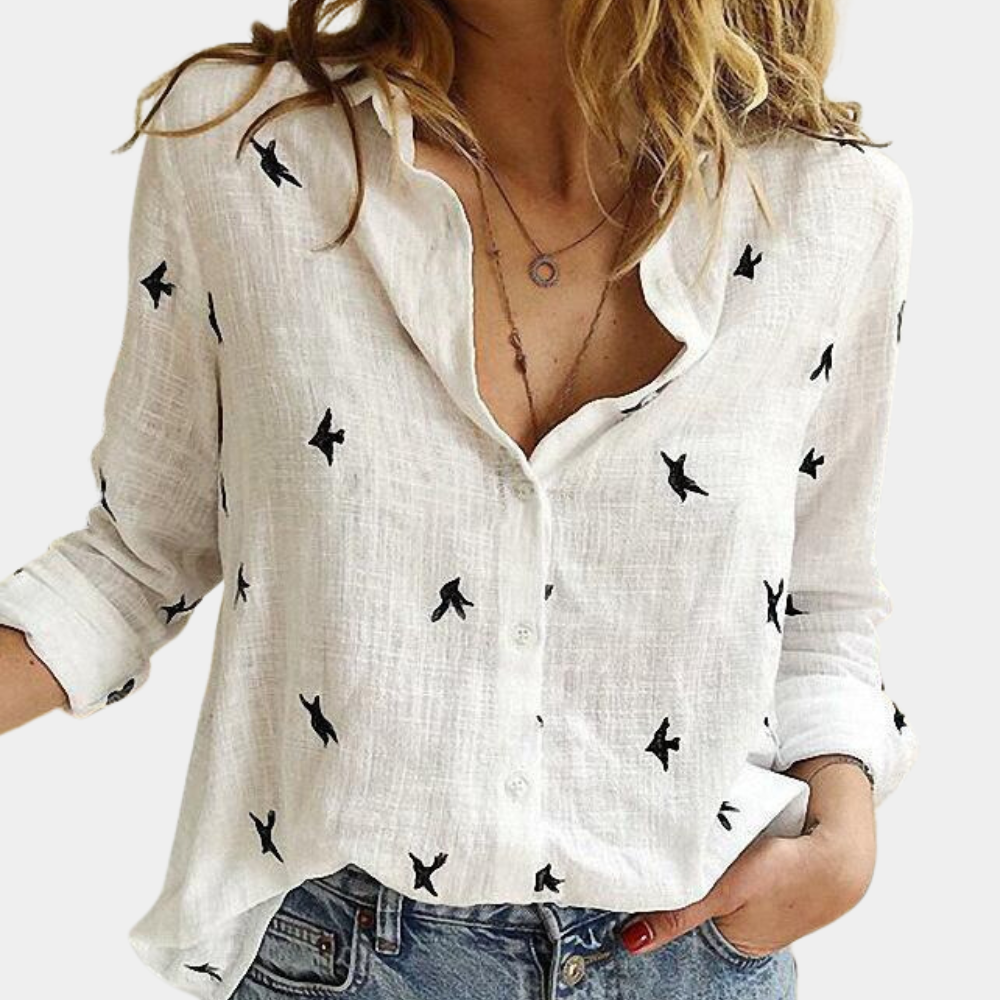 Louise | Women's Blouse with Swallow Print Design-Metro Lane Plaza