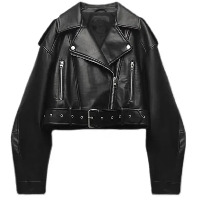 Sandra | Women's Stylish Cropped Biker Jacket with Belt Detail-Metro Lane Plaza