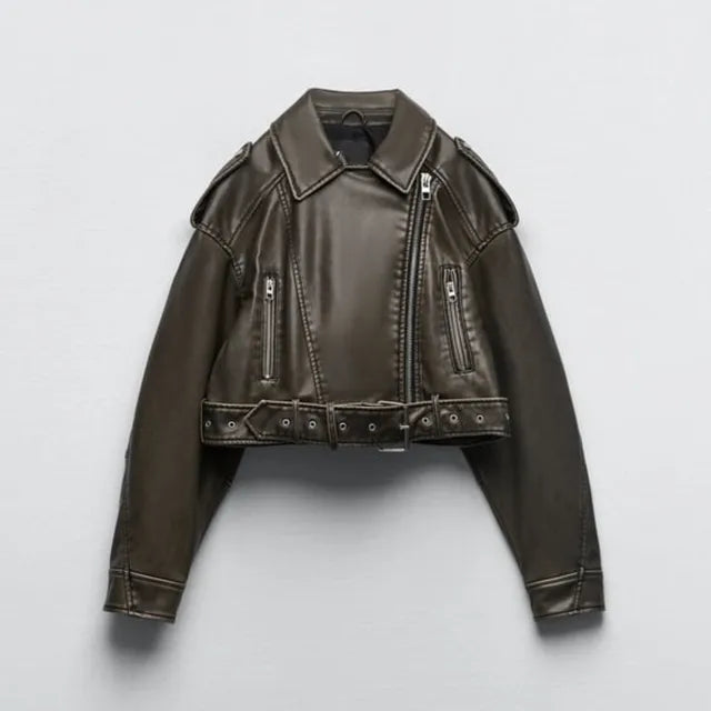 Sandra | Women's Stylish Cropped Biker Jacket with Belt Detail-Metro Lane Plaza