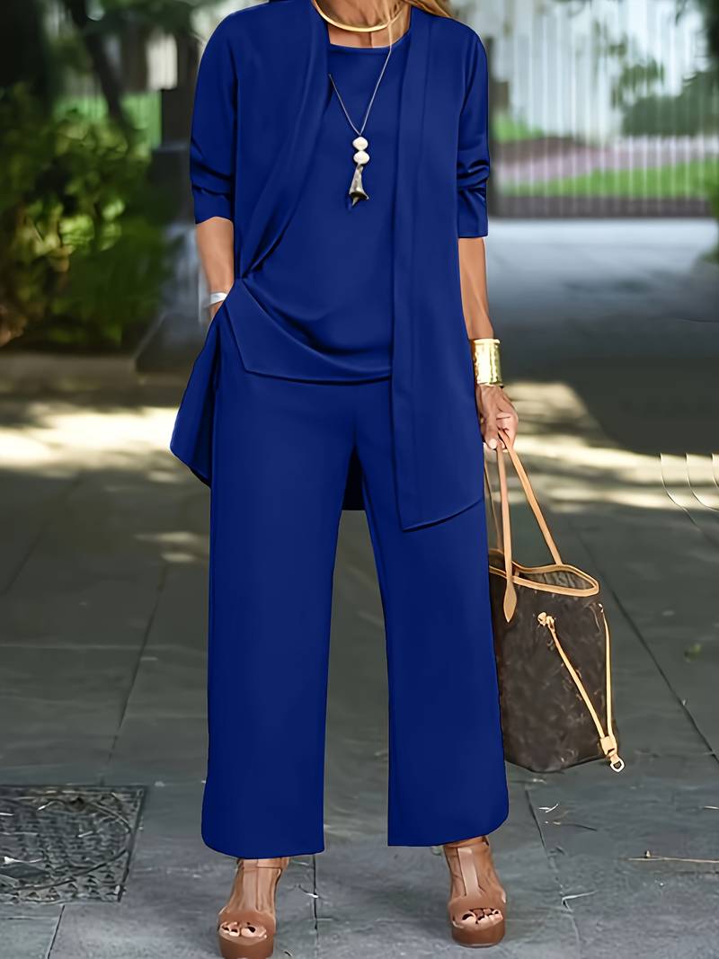 Libby | Women's Elegant Round Neck Three-Piece Wide-Leg Set-Metro Lane Plaza