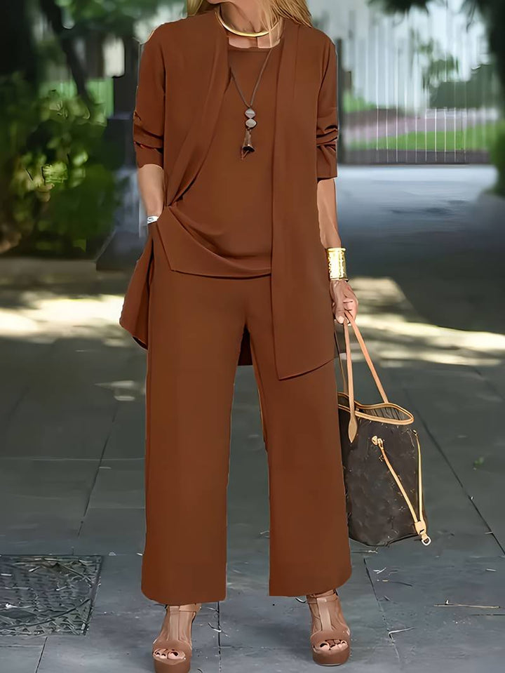 Libby | Women's Elegant Round Neck Three-Piece Wide-Leg Set-Metro Lane Plaza