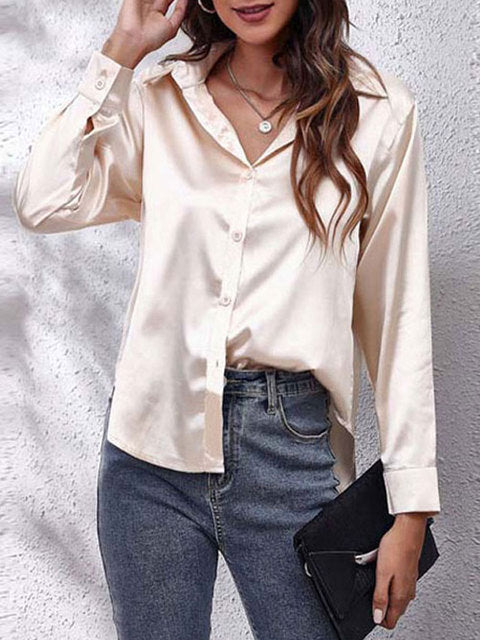 Laura | Women's Silk-Touch Lustrous Satin Button-Down Top-Metro Lane Plaza