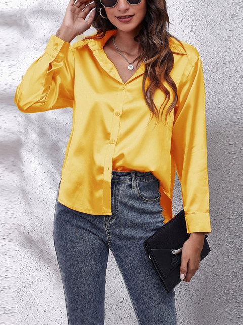 Laura | Women's Silk-Touch Lustrous Satin Button-Down Top-Metro Lane Plaza
