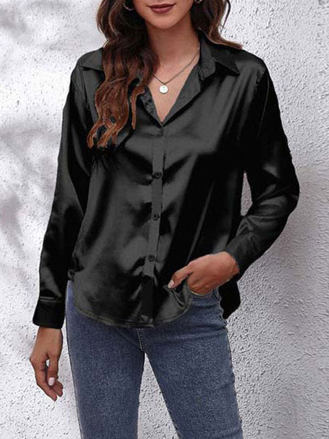Laura | Women's Silk-Touch Lustrous Satin Button-Down Top-Metro Lane Plaza