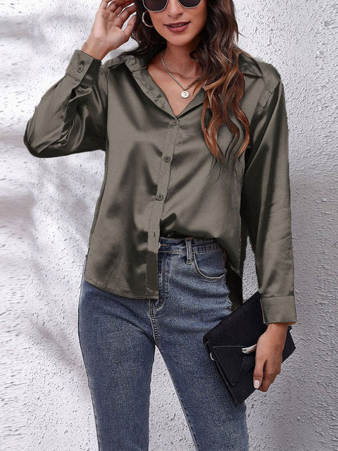 Laura | Women's Silk-Touch Lustrous Satin Button-Down Top-Metro Lane Plaza