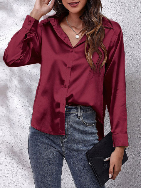 Laura | Women's Silk-Touch Lustrous Satin Button-Down Top-Metro Lane Plaza
