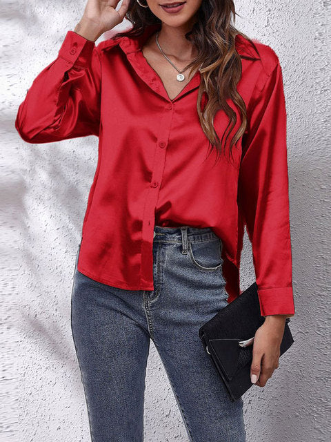 Laura | Women's Silk-Touch Lustrous Satin Button-Down Top-Metro Lane Plaza