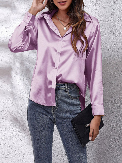 Laura | Women's Silk-Touch Lustrous Satin Button-Down Top-Metro Lane Plaza