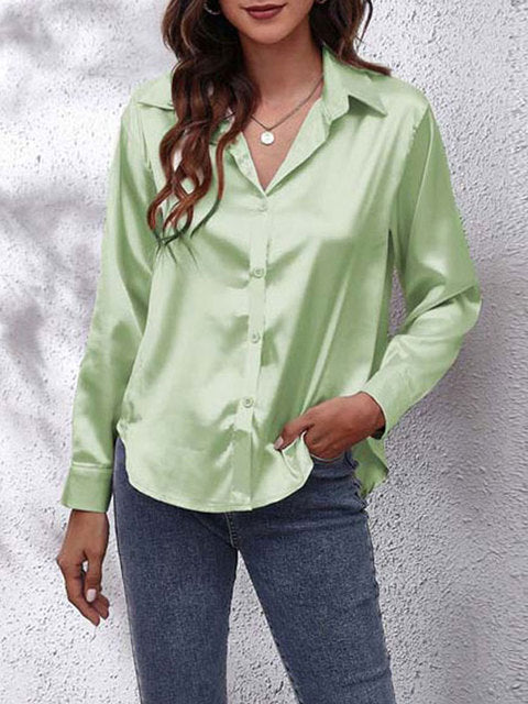 Laura | Women's Silk-Touch Lustrous Satin Button-Down Top-Metro Lane Plaza